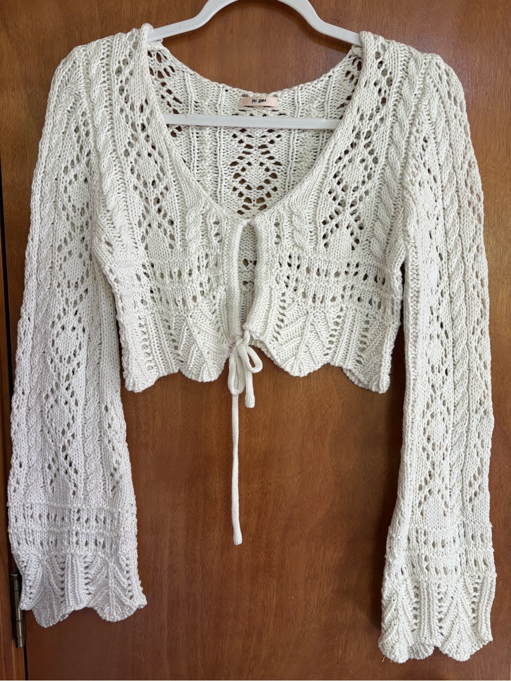 Miami Cream Crochet Tie-Front Cropped Cardigan with Bell Sleeves